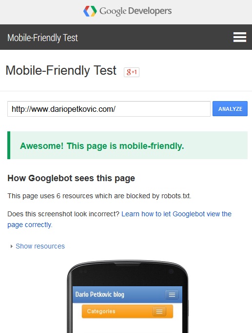 google mobile friendly test